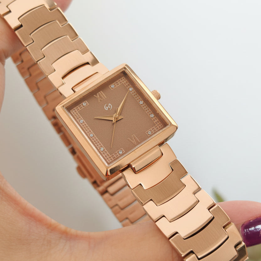 Women's Brown square Watch with Diamond-Set Numerals and u shape chain for luxurious feel