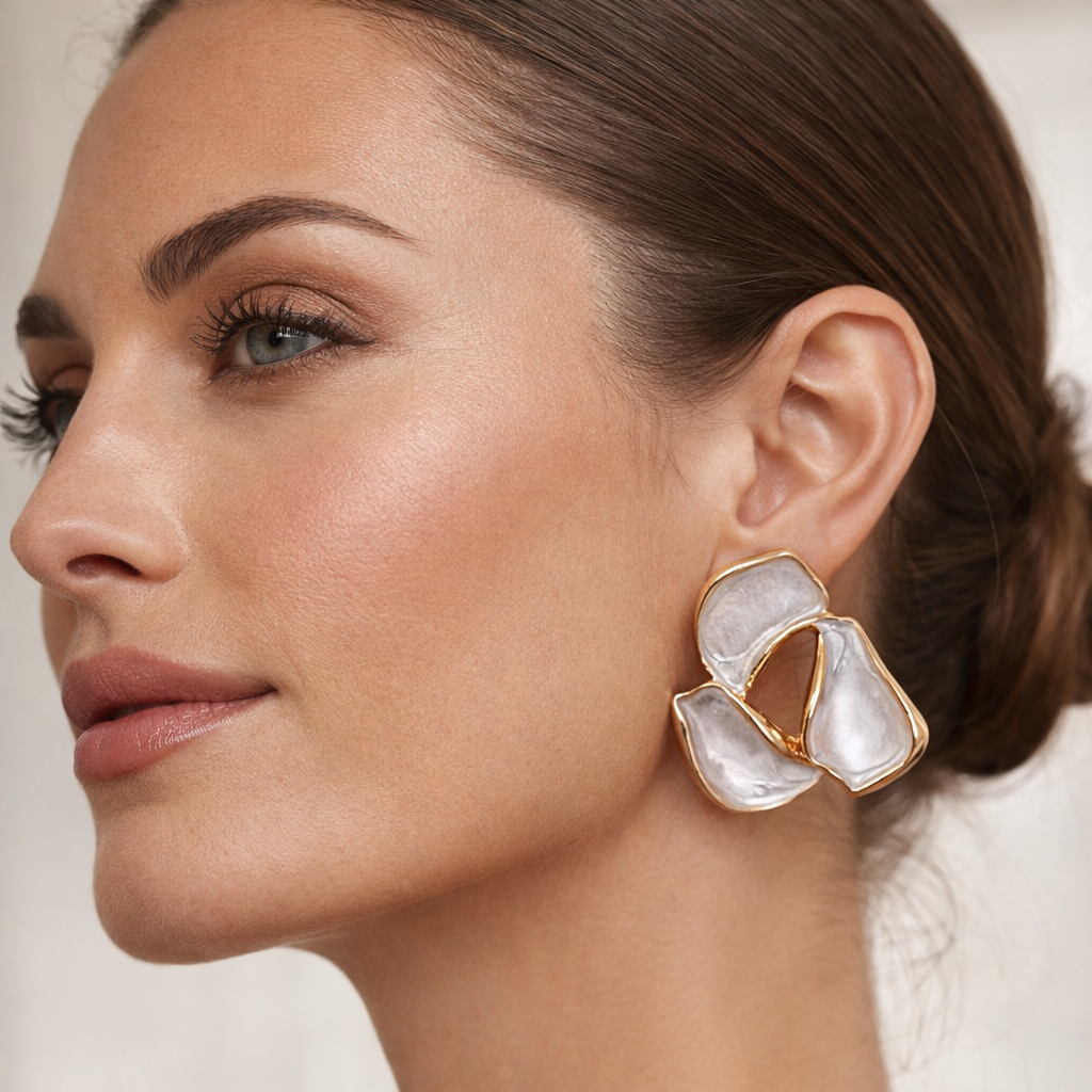 Statement floral earrings with pearl white finish and gold plating durable and long lasting