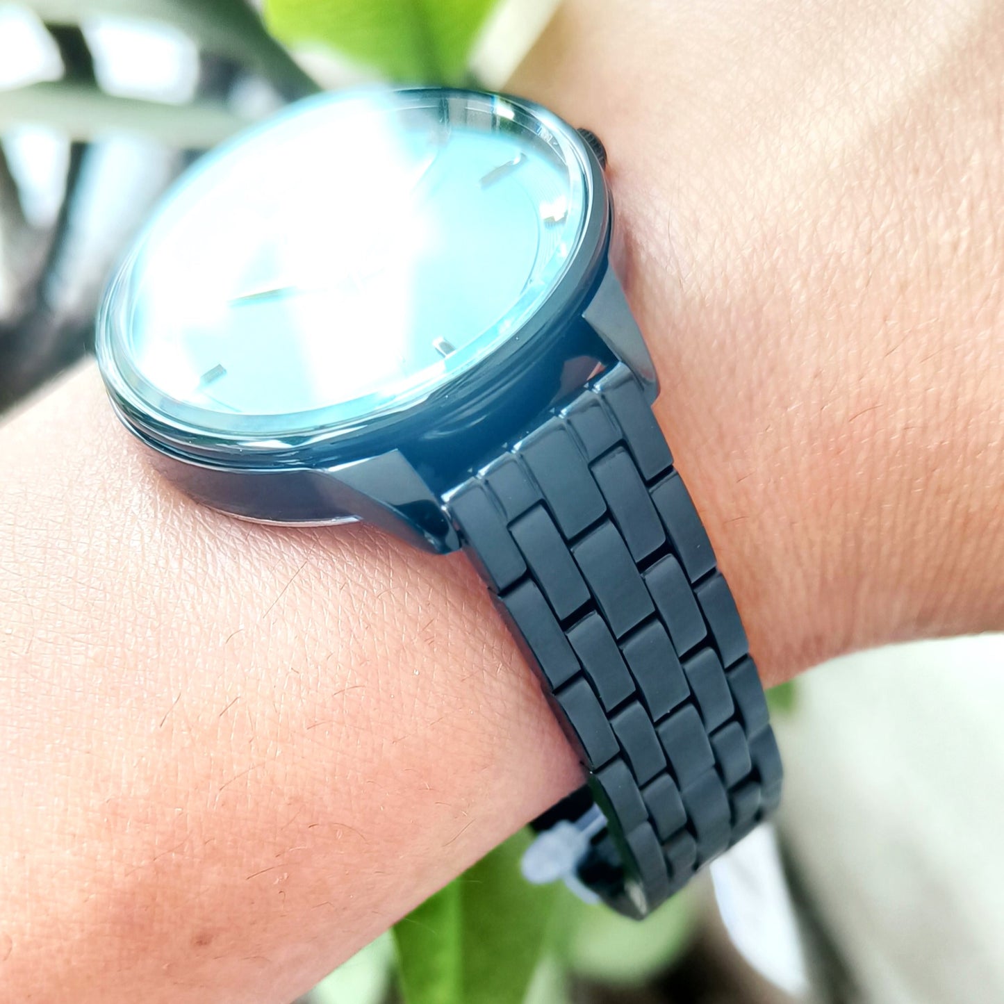 Trending soft chain black watch with sky blue dial in matte finish