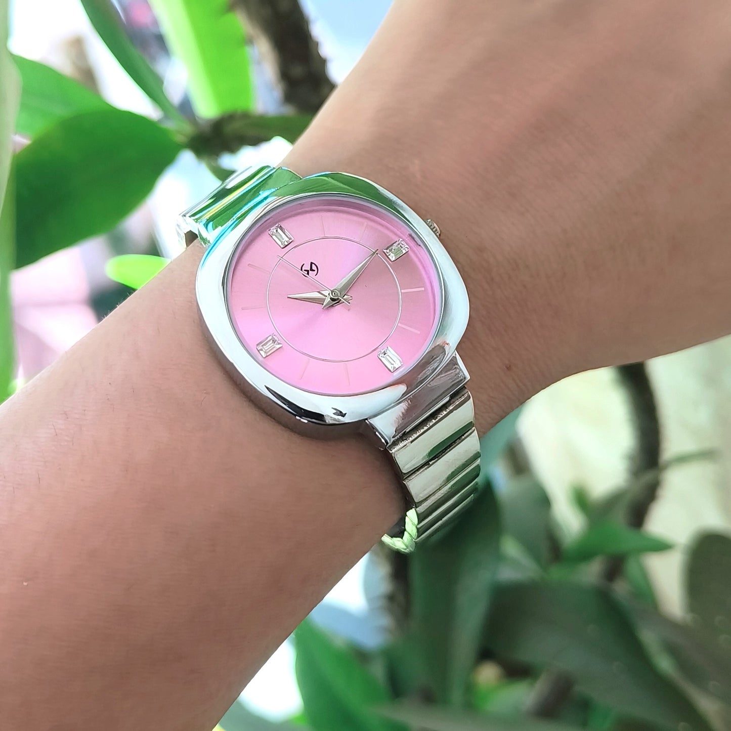 Shiny baby pink dial watch with rectangular link chain in steel perfect for office and daily wear