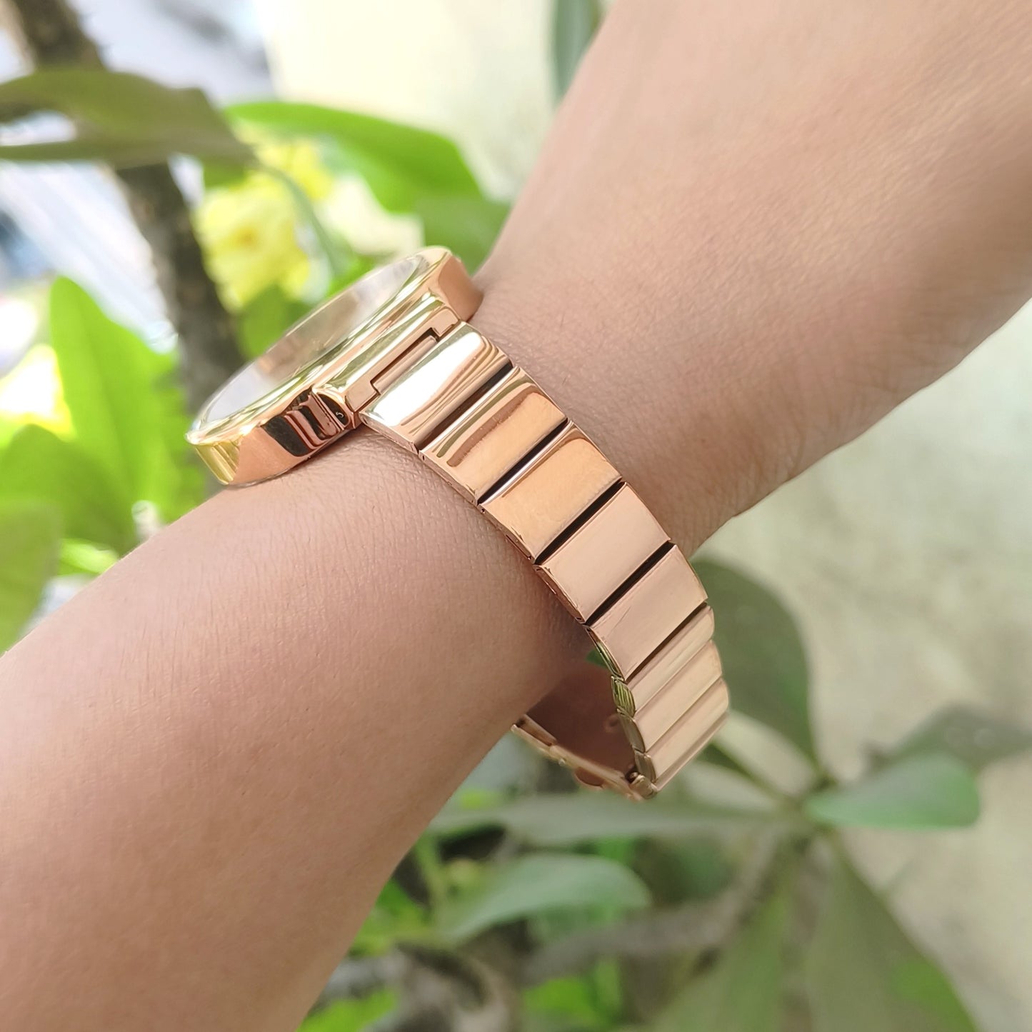Minimalist and trendy rose gold dial watch with rectangular link chain perfect for office and daily wear