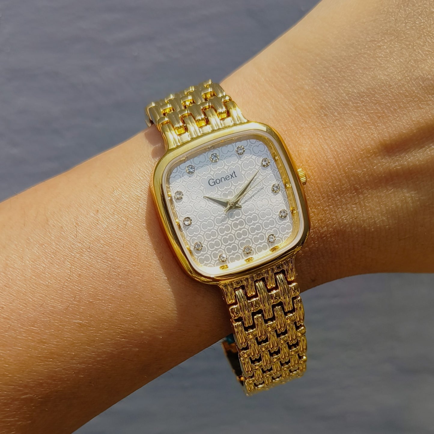 Armani Inspired Women watch in gold and pearl white embossed dial with butterfly lock