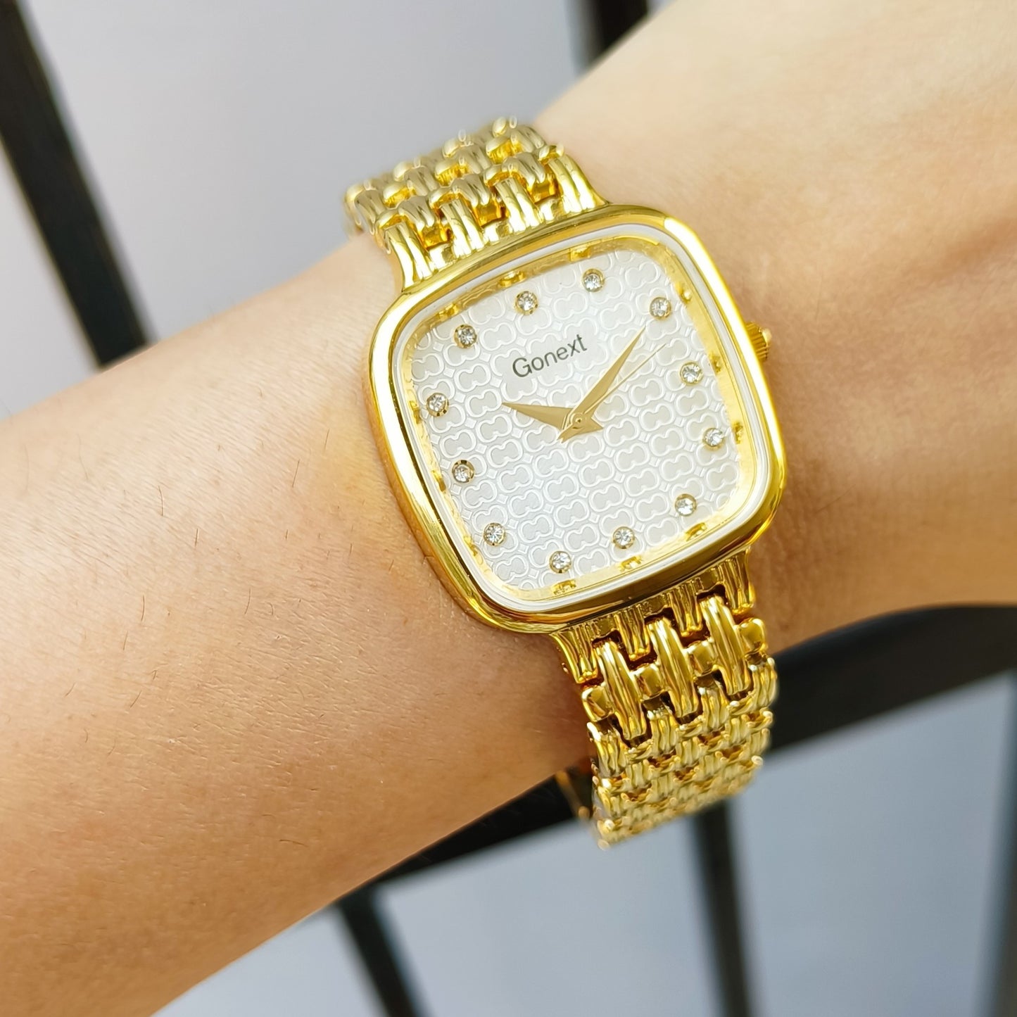 Armani Inspired Women watch in gold and pearl white embossed dial with butterfly lock