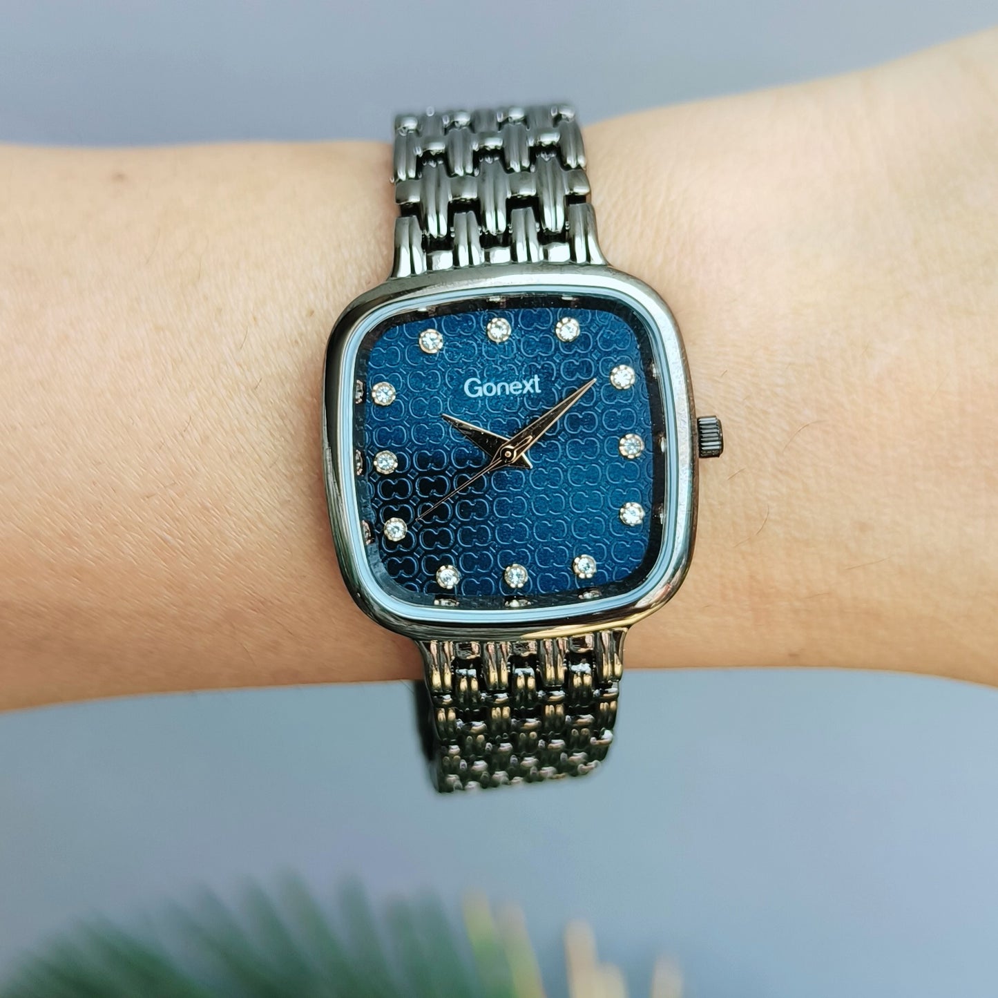 Armani Inspired Women gun metal grey colored watch in deep blue dial with Butterfly lock