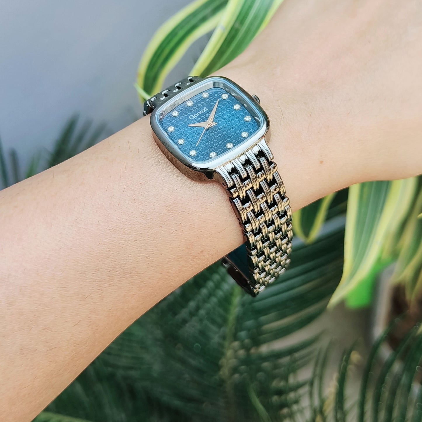Armani Inspired Women gun metal grey colored watch in deep blue dial with Butterfly lock