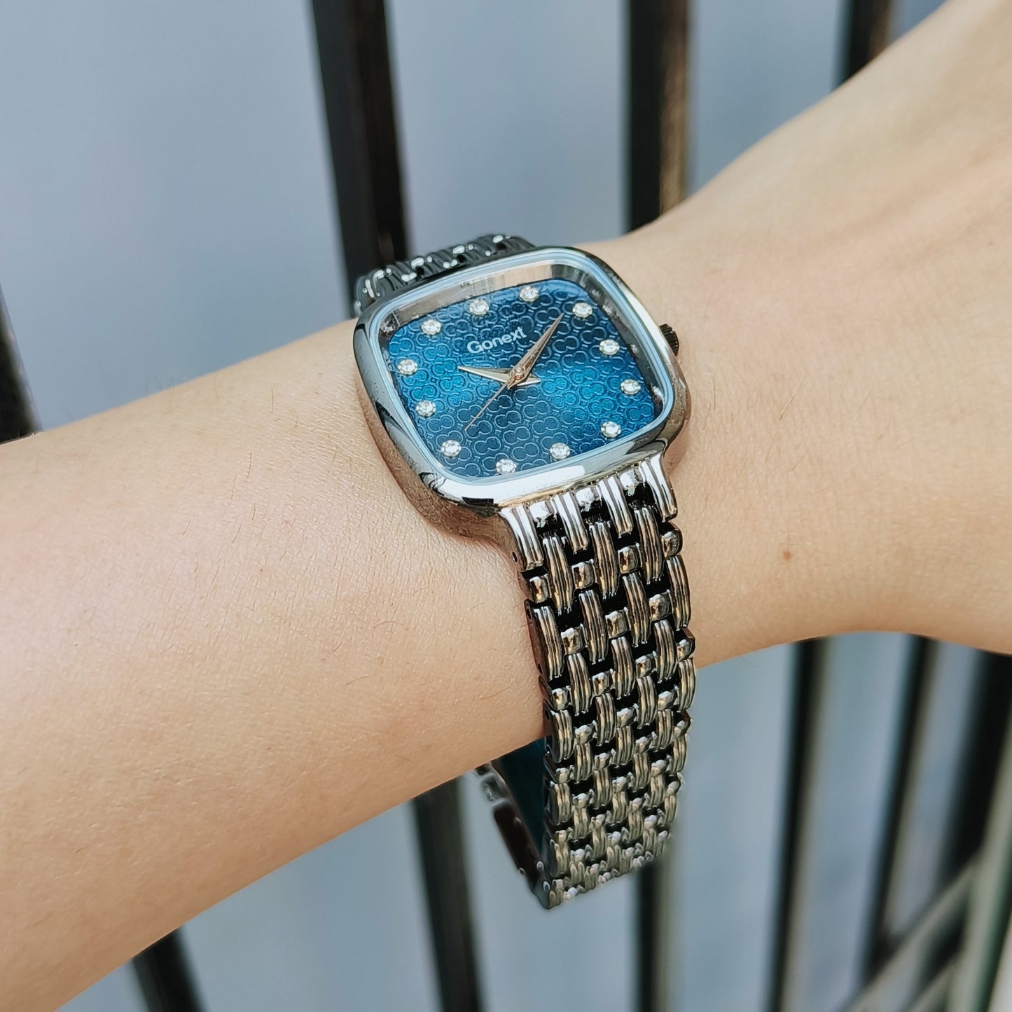 Armani Inspired Women gun metal grey colored watch in deep blue dial with Butterfly lock