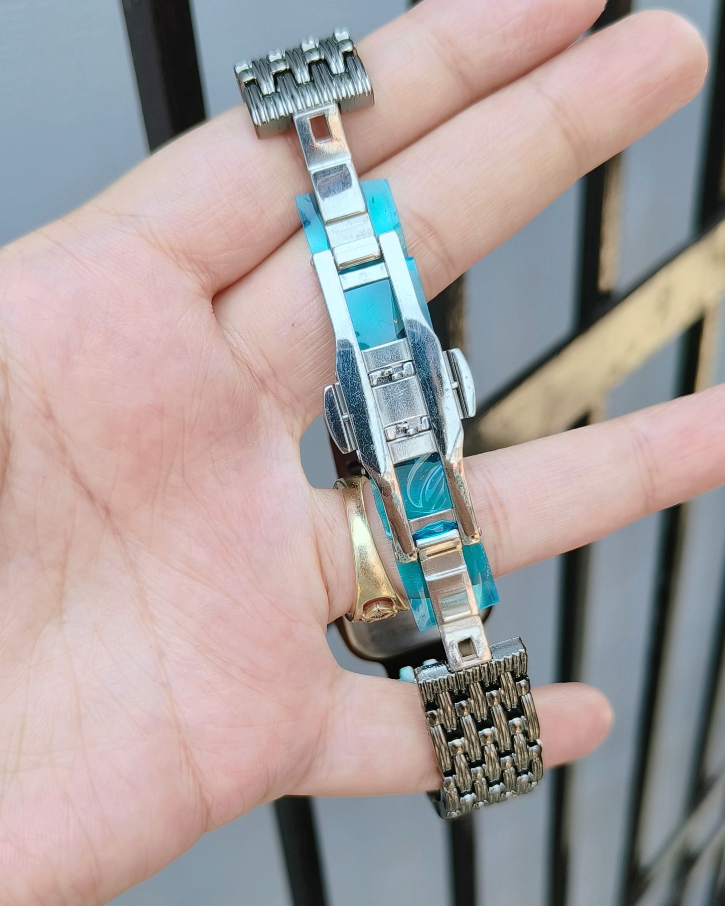 Armani Inspired Women gun metal grey colored watch in deep blue dial with Butterfly lock