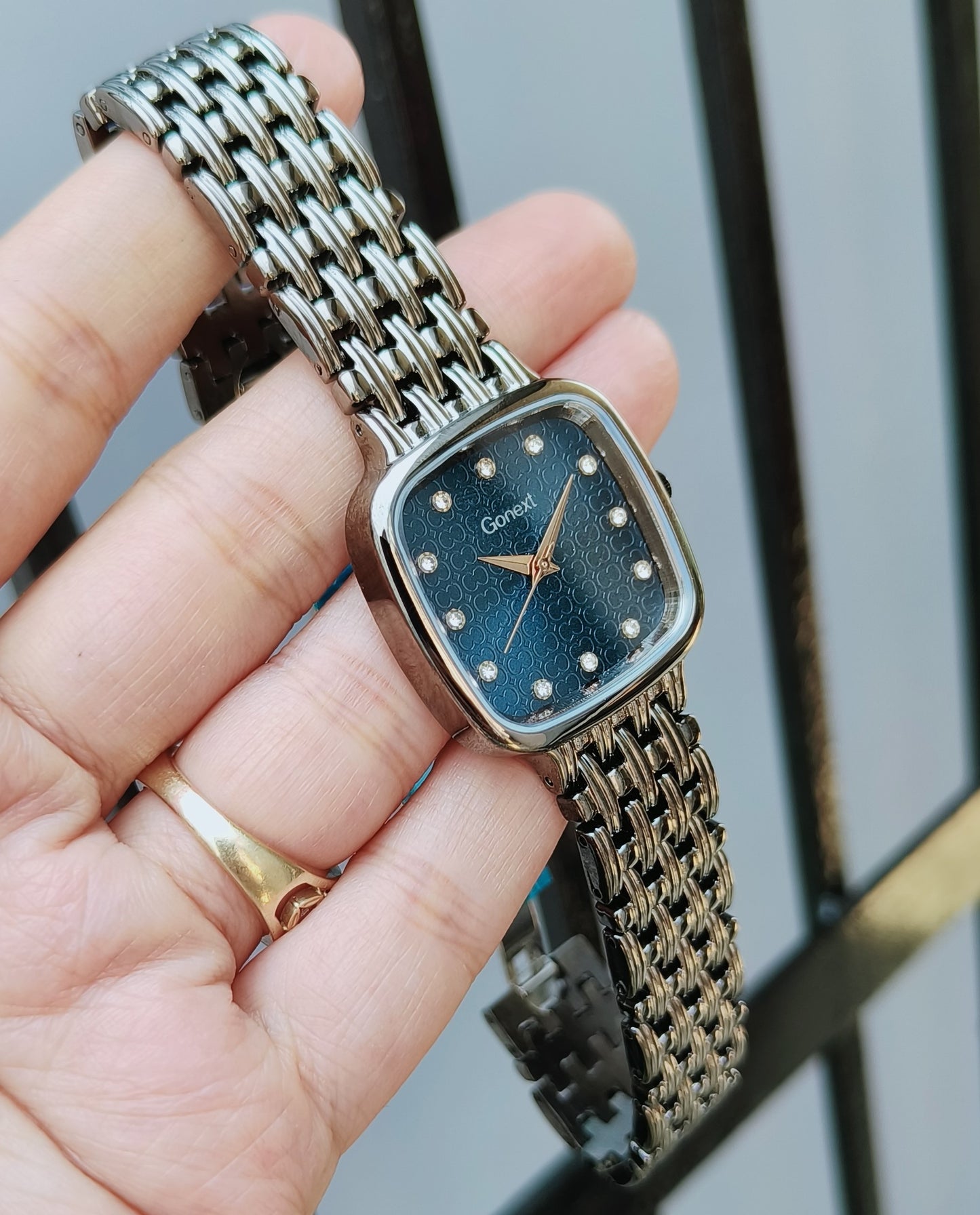 Armani Inspired Women gun metal grey colored watch in deep blue dial with Butterfly lock