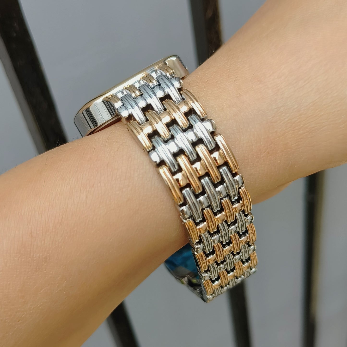 Armani Inspired Women watch in rose gold and steel with pearl white embossed dial and butterfly lock