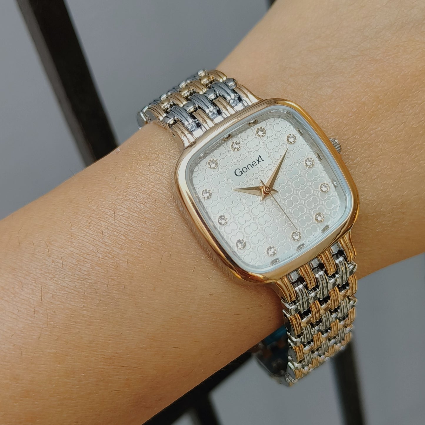 Armani Inspired Women watch in rose gold and steel with pearl white embossed dial and butterfly lock