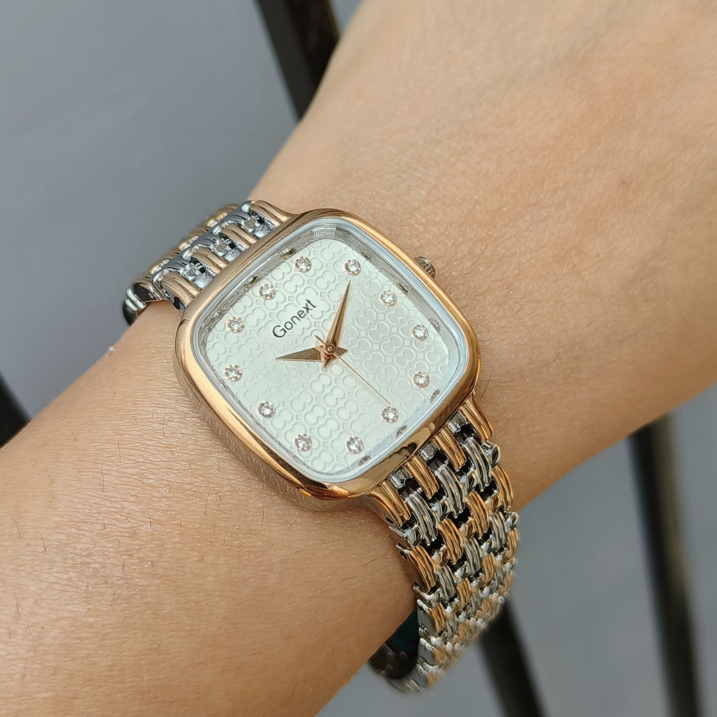 Armani Inspired Women watch in rose gold and steel with pearl white embossed dial and butterfly lock