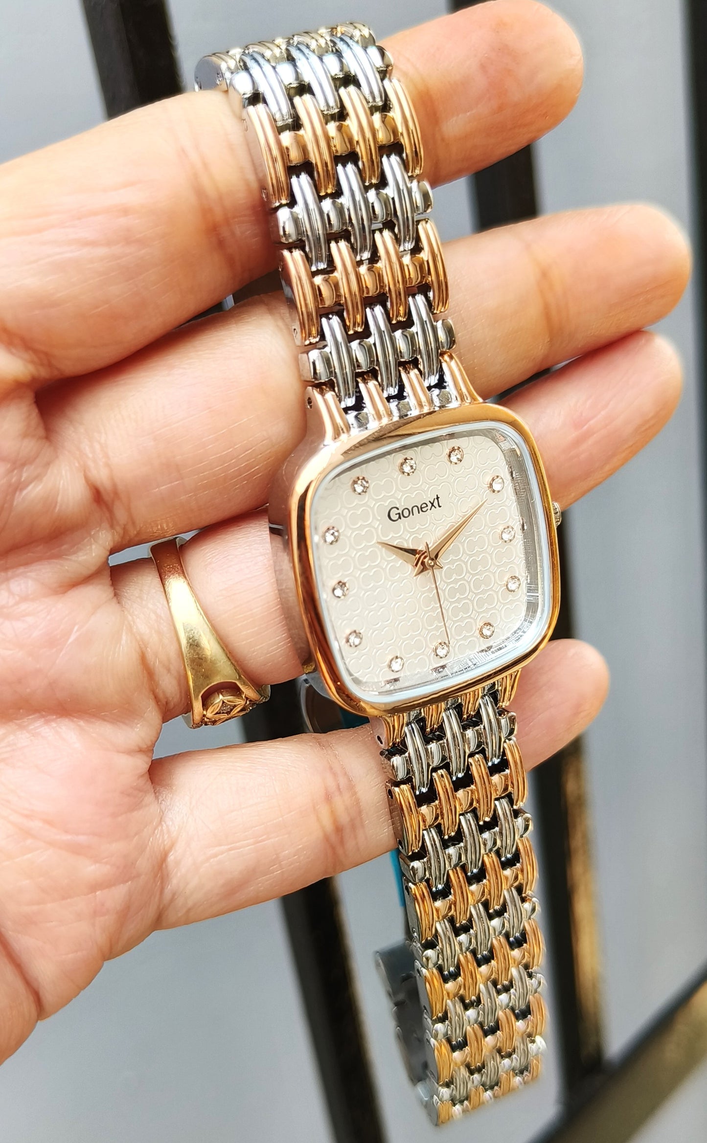 Armani Inspired Women watch in rose gold and steel with pearl white embossed dial and butterfly lock