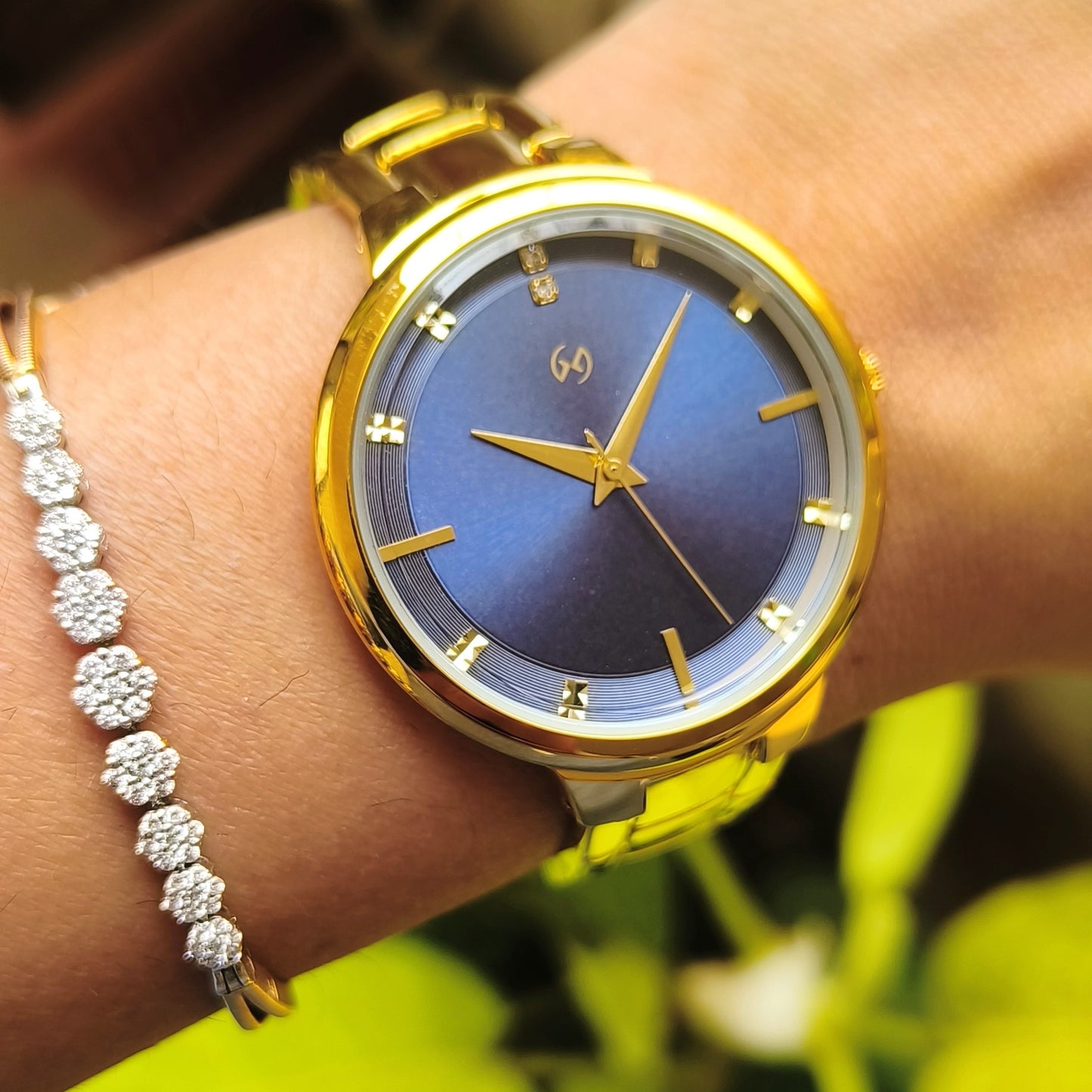 super unique and trending rose gold watch with large case and super elegant dial with diamond index in deep blue