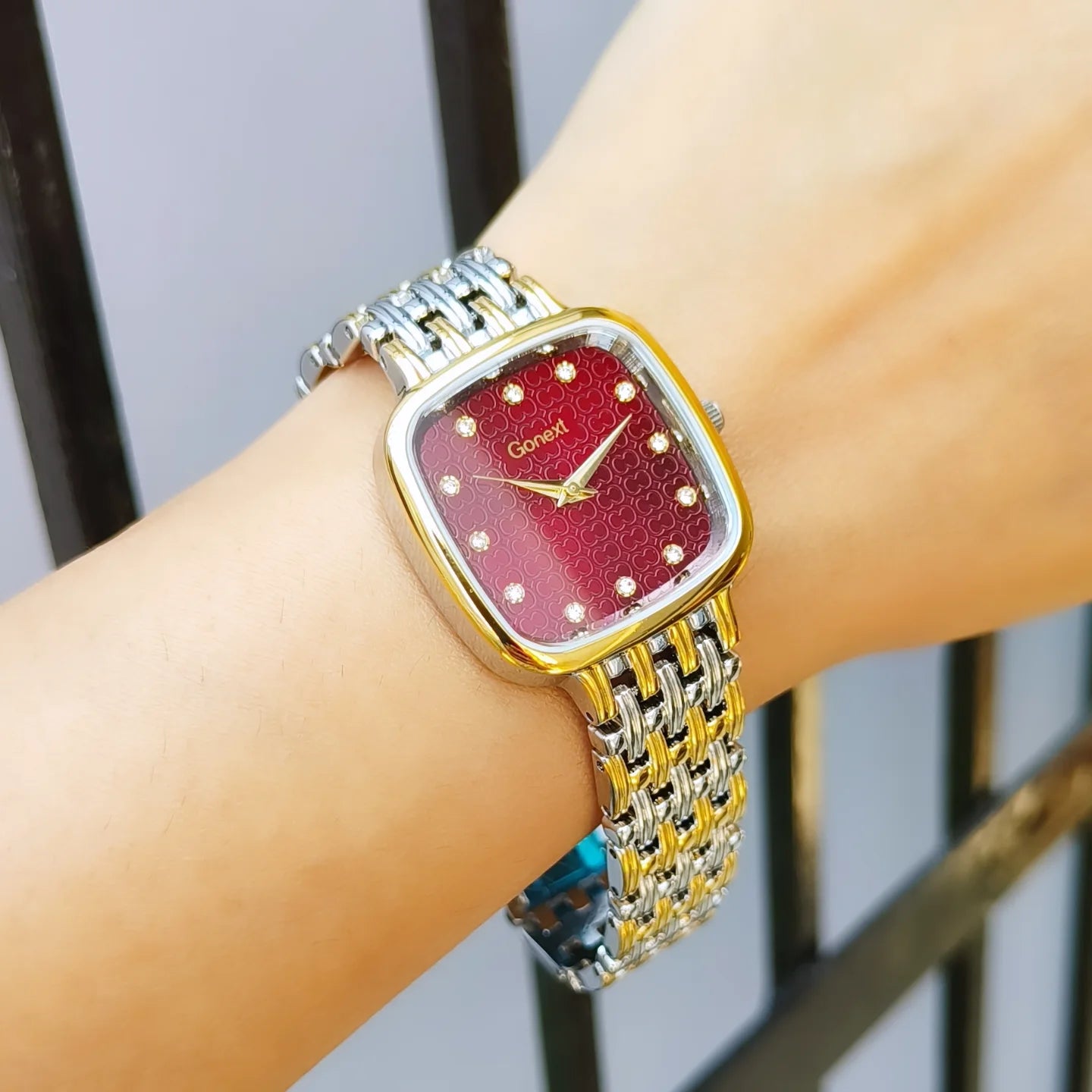 Armani Inspired Women two tone watch in gold and steel in maroon dial with Butterfly lock