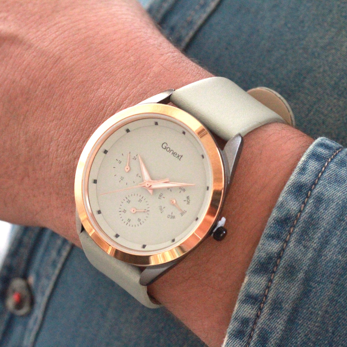 Multifunction pistachio green dial with black and rose goldcase : day ,month and week display watch for men
