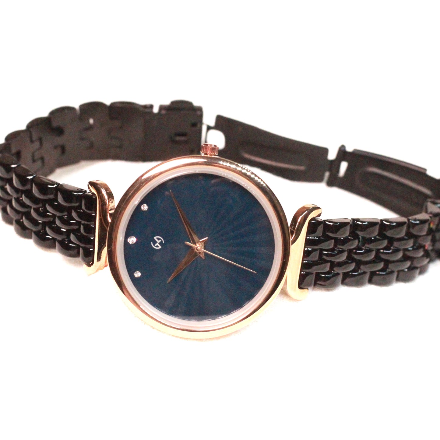 Trending soft chain black watch with deep black dial in rose gold case and European style chain