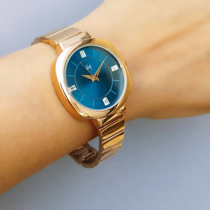 Minimalist and trendy blue dial watch with rose gold rectangular link chain perfect for office and daily wear