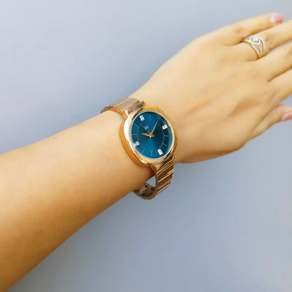 Minimalist and trendy blue dial watch with rose gold rectangular link chain perfect for office and daily wear