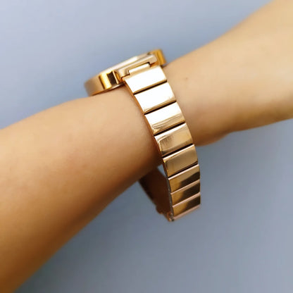 Minimalist and trendy blue dial watch with rose gold rectangular link chain perfect for office and daily wear