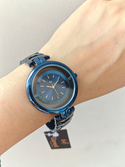 Designer and heavy look full blue watch with transparent outer ring