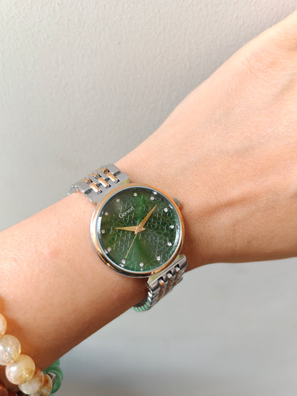 Modern european style green dial watch with embossed dial details in two tone chain
