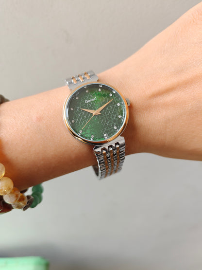 Modern european style green dial watch with embossed dial details in two tone chain