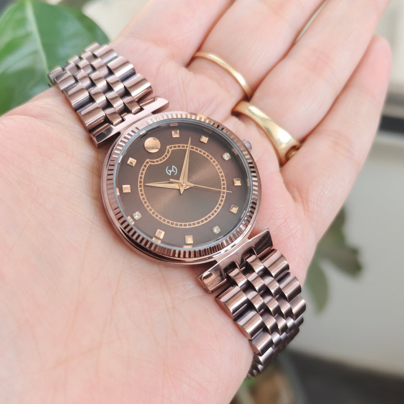 Women's Deep Brown Watch with Diamond-Set Numerals and European chain for luxurious feel