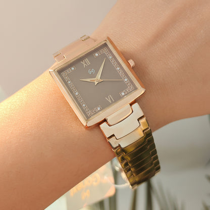 Women's  Brown  square Watch with Diamond-Set Numerals and u shape chain for luxurious feel