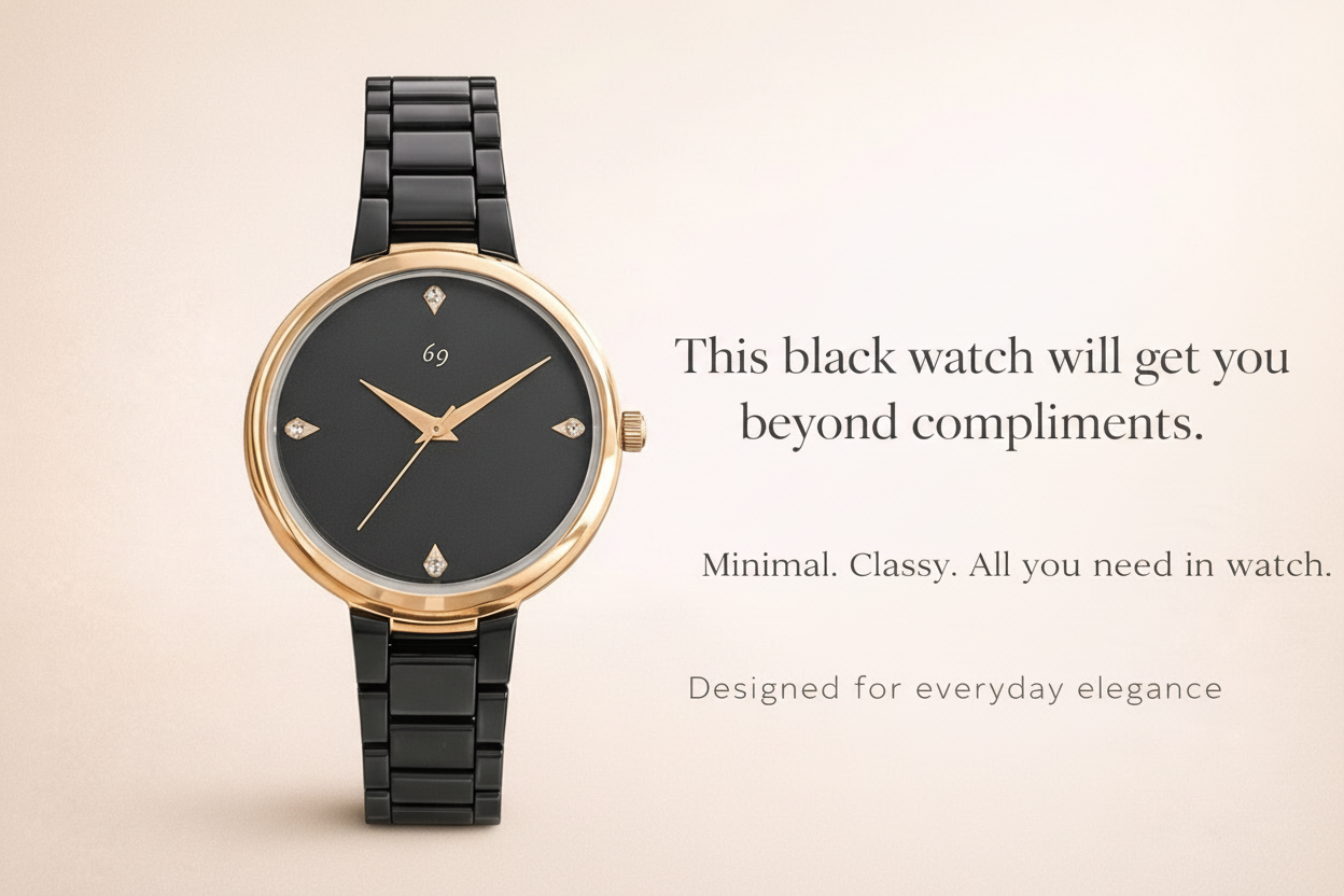 Womens premium feel , ceramic look style watch in stainless steel metal black with minimal dial