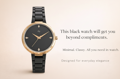 Womens premium feel , ceramic look style watch in stainless steel metal black with minimal dial