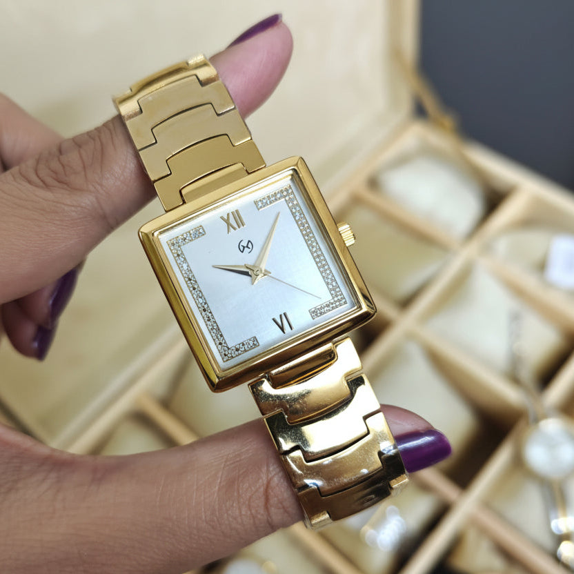 Women's 18 k original gold plated square Watch with Diamond-Set Numerals and u shape chain for luxurious feel