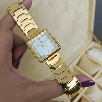 Women's 18 k original gold plated square Watch with Diamond-Set Numerals and u shape chain for luxurious feel