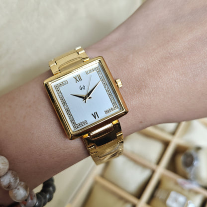Women's 18 k original gold plated square Watch with Diamond-Set Numerals and u shape chain for luxurious feel