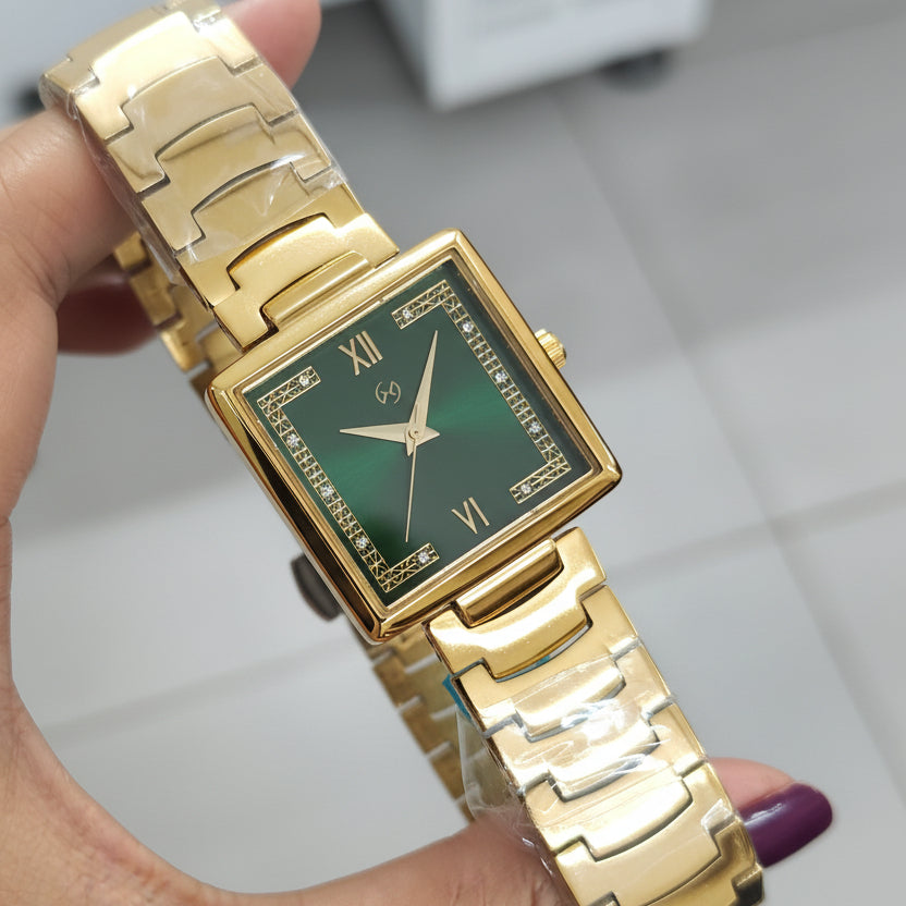 Women's 18 k original gold plated square Watch with Diamond-Set Numerals and u shape chain for luxurious feel