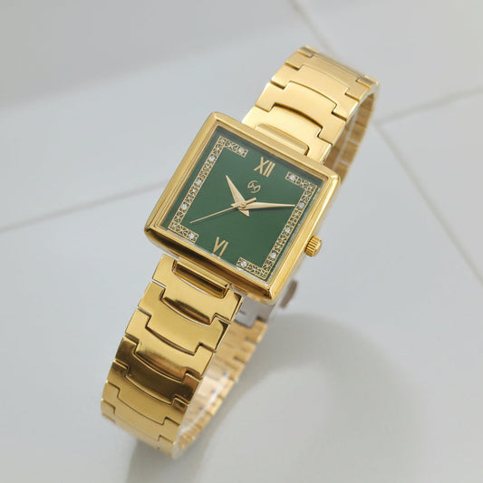 Women's 18 k original gold plated square Watch with Diamond-Set Numerals and u shape chain for luxurious feel