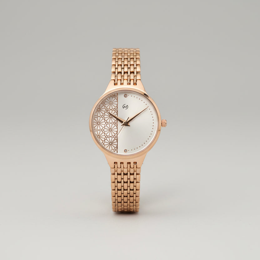 WOMEN WHITE DIAL WATCH WITH HALF SIDE EMBOSSED RANGOLI PATTERN IN ROSE GOLD WITH 5  SLEEK 5 LINK CHAIN IN ROSE GOLD