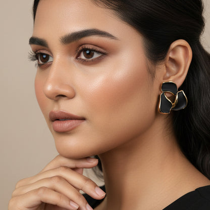 Statement floral earrings with black finish and gold plating durable and long lasting