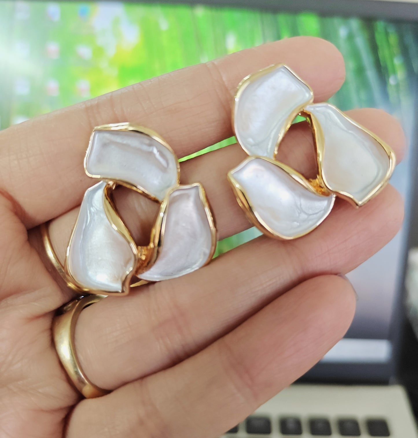 Statement floral earrings with pearl white finish and gold plating durable and long lasting