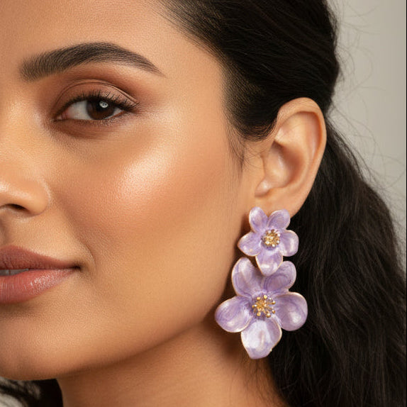 Super pretty enamel floral earrings with real detailing for women in rich lilac