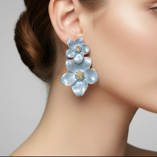 Super pretty enamel floral earrings with real detailing for women in pastel blue