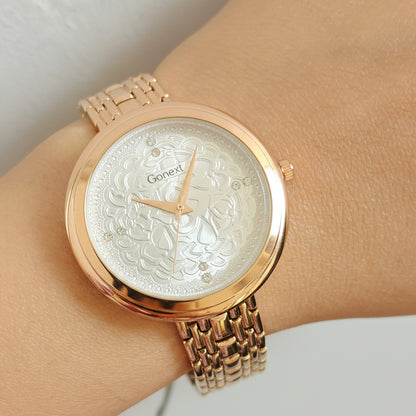 WOMENROSE GOLD WATCH WITH EMBOSSED TRADITIONAL PATTERN IN PEARL WHITE DIAL