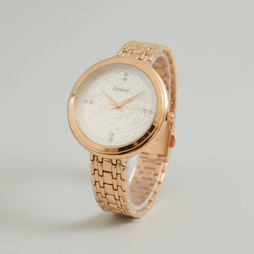 WOMENROSE GOLD WATCH WITH EMBOSSED TRADITIONAL PATTERN IN PEARL WHITE DIAL
