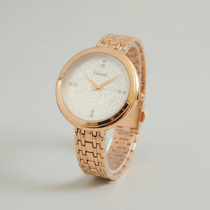 WOMENROSE GOLD WATCH WITH EMBOSSED TRADITIONAL PATTERN IN PEARL WHITE DIAL