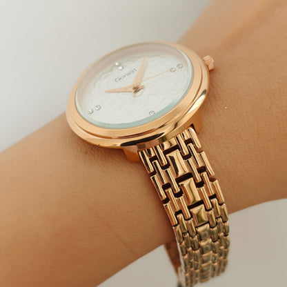 WOMENROSE GOLD WATCH WITH EMBOSSED TRADITIONAL PATTERN IN PEARL WHITE DIAL