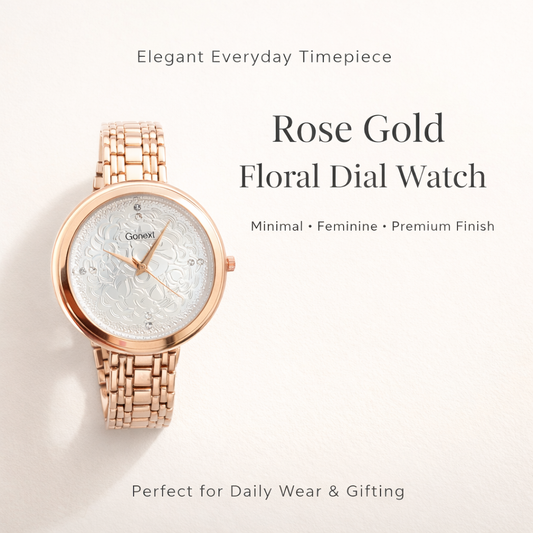 WOMENROSE GOLD WATCH WITH EMBOSSED TRADITIONAL PATTERN IN PEARL WHITE DIAL
