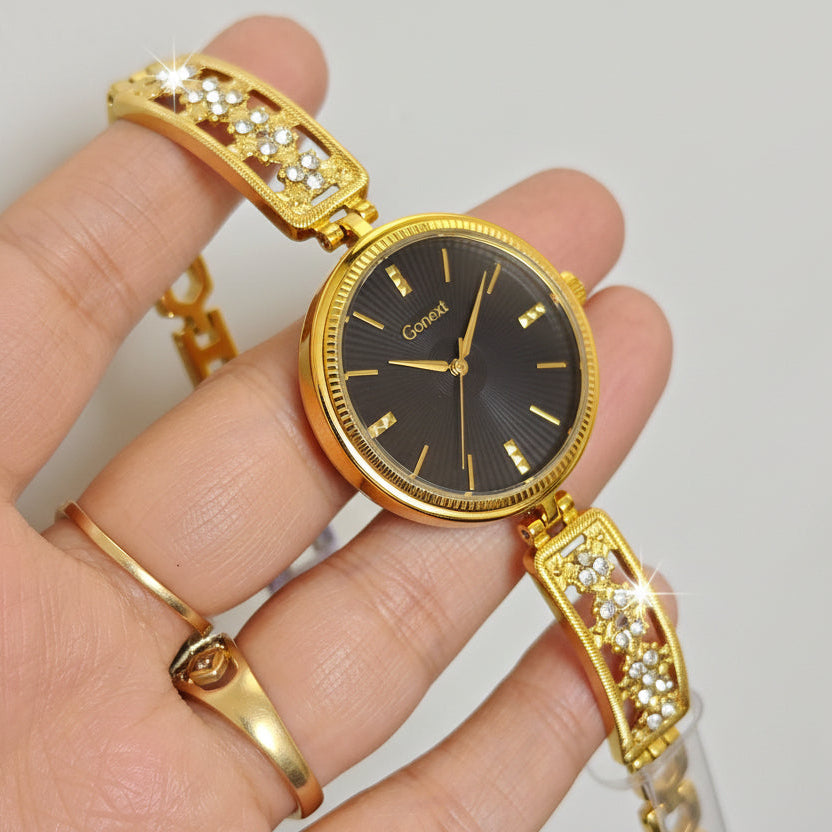 Women's 18 k original gold plating watch with embelished bangle style chain and balck dial