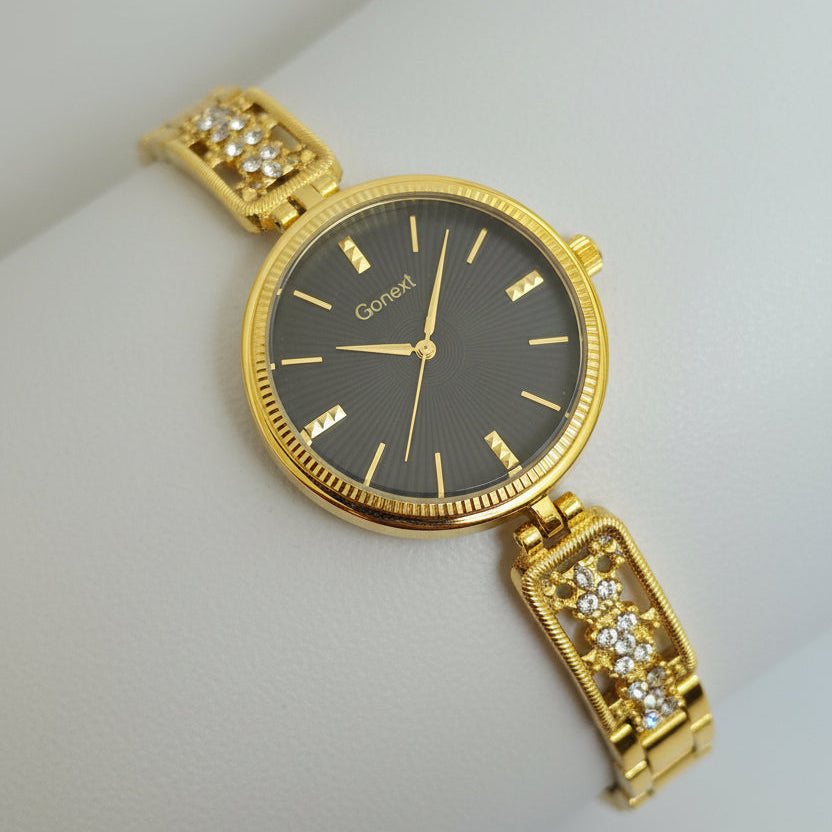 Women's 18 k original gold plating watch with embelished bangle style chain and balck dial