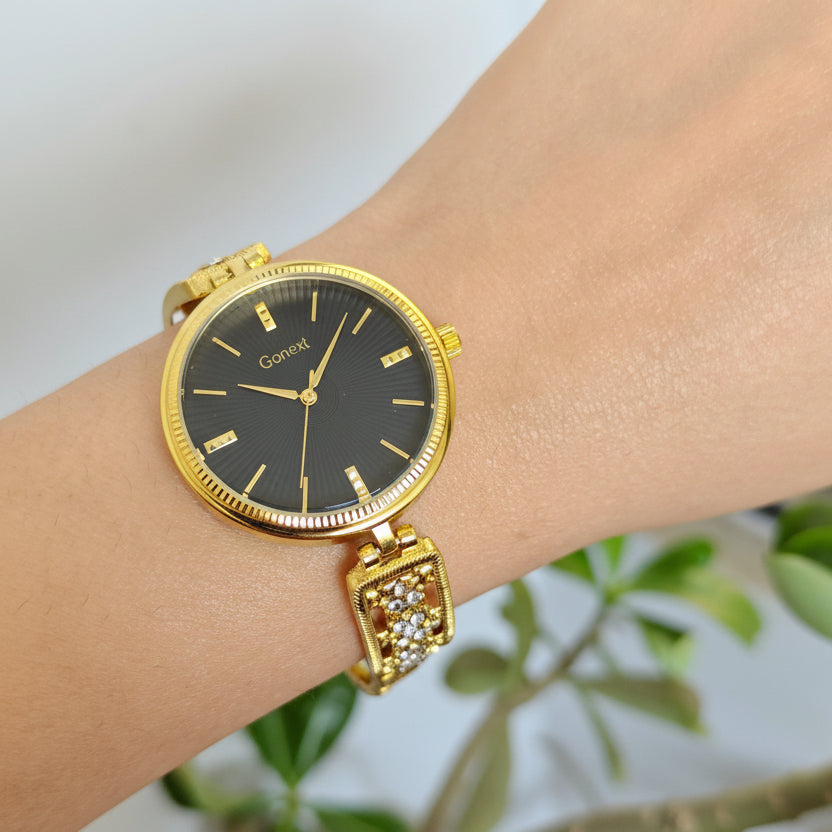 Women's 18 k original gold plating watch with embelished bangle style chain and balck dial