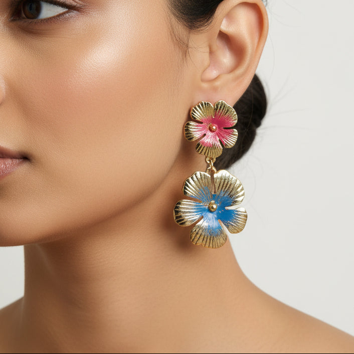 Statement floral earrings with gold finish and colored strokes durable and long lasting