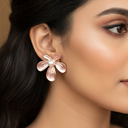 Statement peach floral earrings with pearl and gold plating durable and long lasting